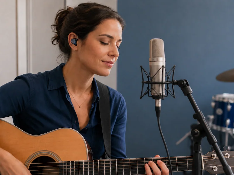 Musician wearing a custom in-ear monitor while playing acoustic guitar in a recording studio