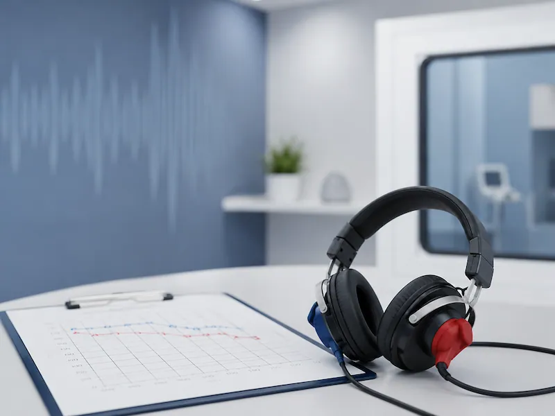 Audiometric headphones and an audiogram representing a diagnostic hearing evaluation